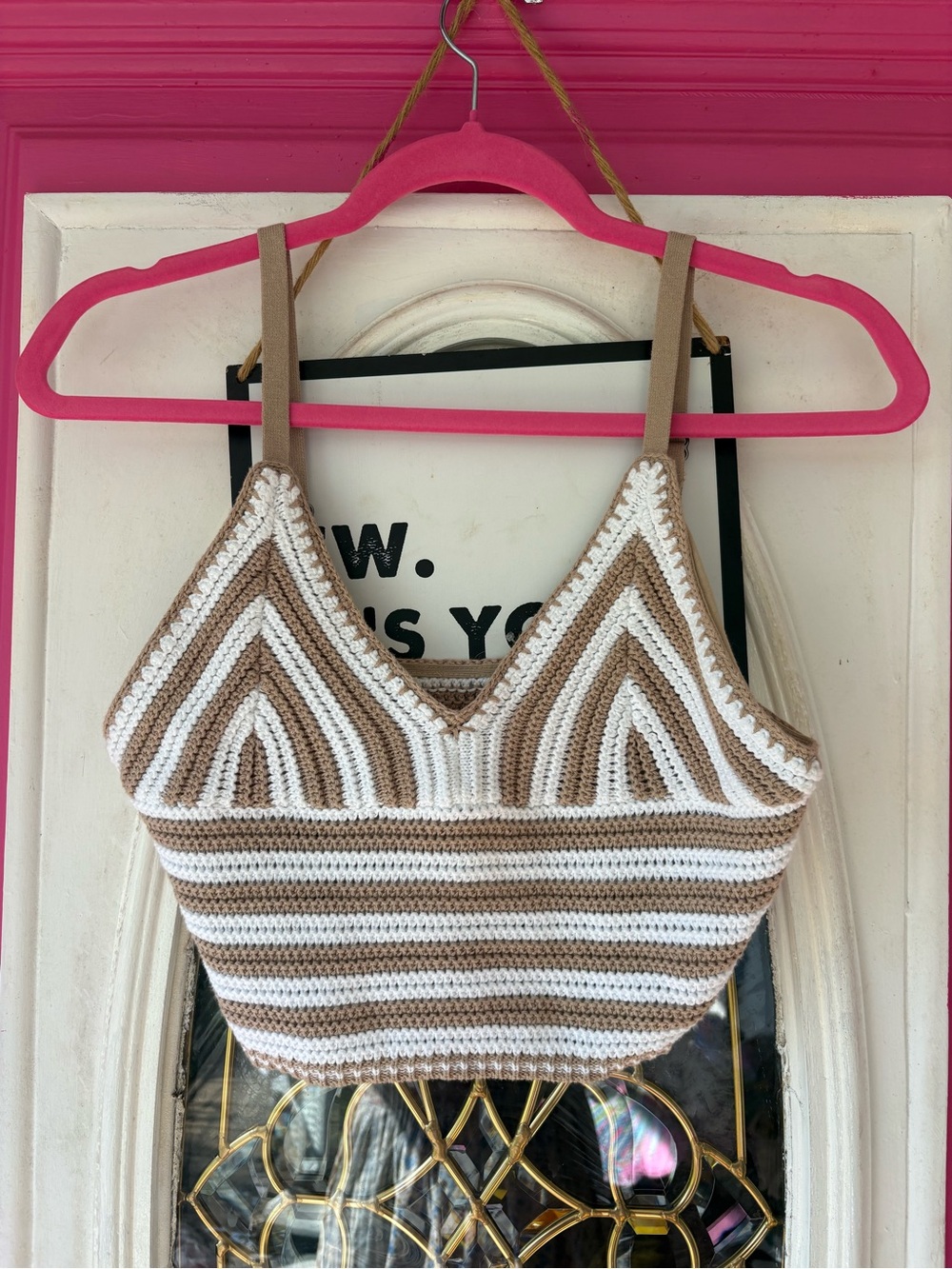 Amazon Striped Crochet Camisole in White and Tan